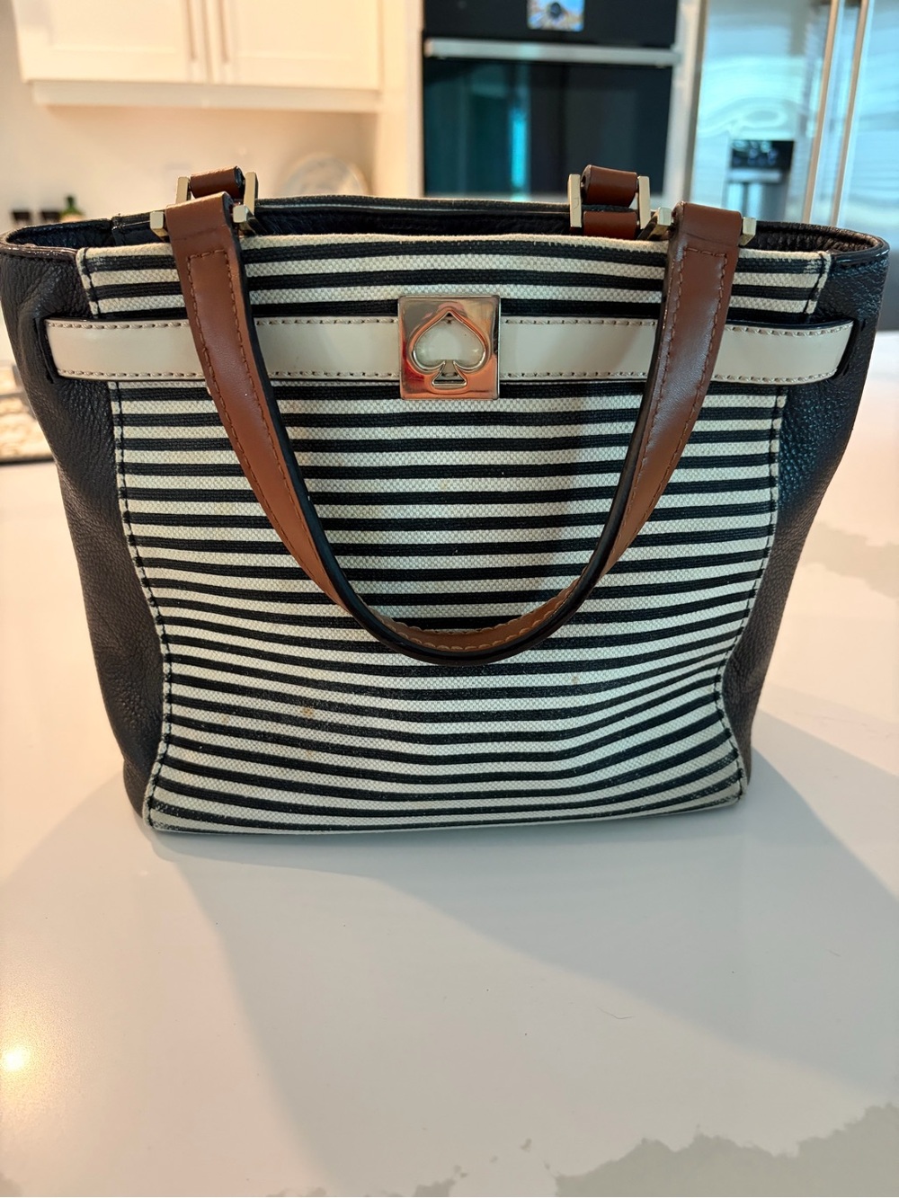 kate spade Black and White Striped Tote with Brown Handles